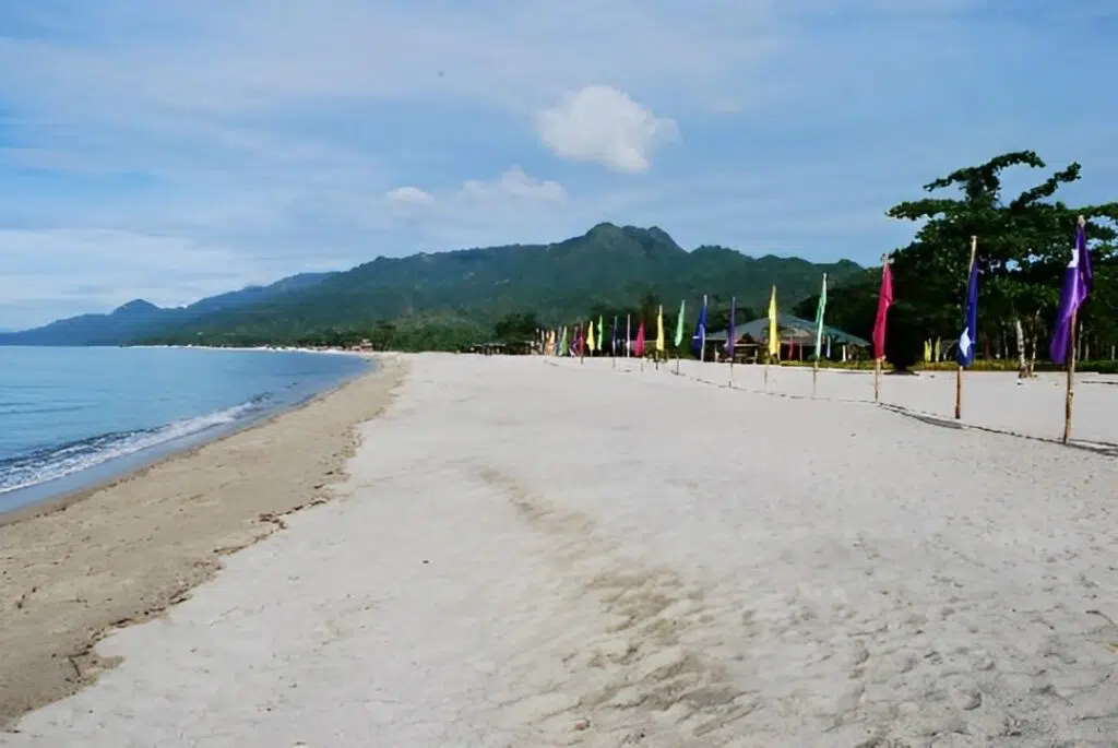 Wide stretch of white sand beach at One Laiya Beach Resort, lined with colorful flags and a scenic mountain view in the background.