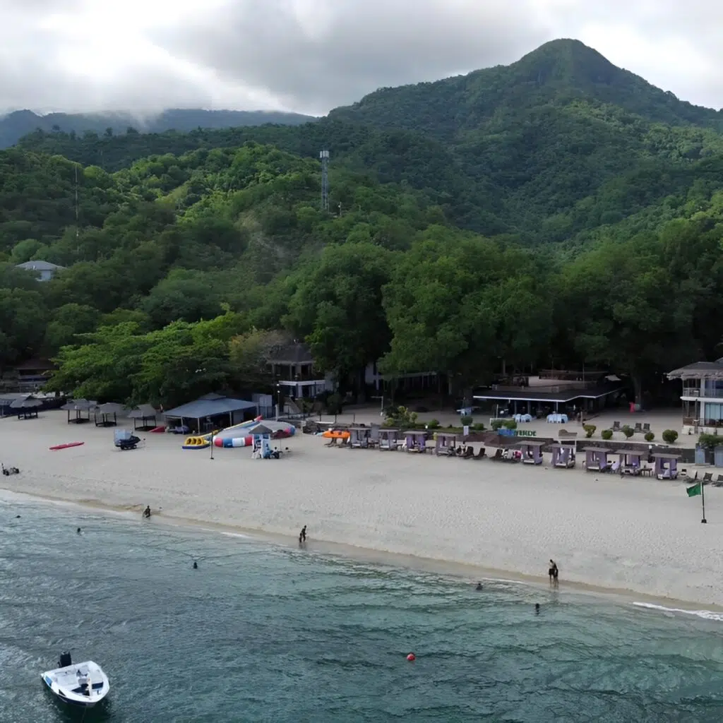 Aerial view of One Laiya Beach Resort with white sand, beachfront cottages, and lush green mountains in the background.